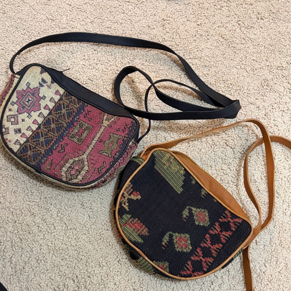 VINTAGE Bohemian Patterned Crossbody Bags - Black and Tan (SET OF 2)